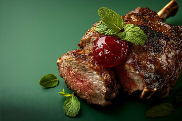 Two grilled lamb chops garnished with berries and fresh herbs.