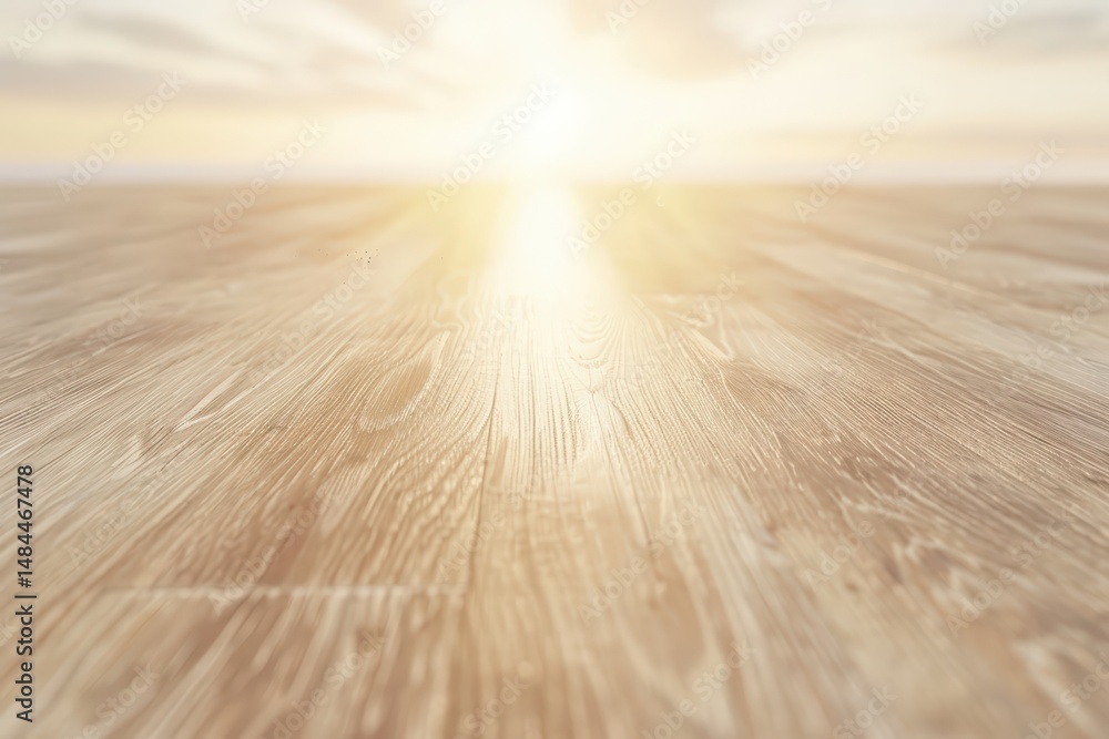 Poster sunlight shines across a wooden floor, creating a warm and inviting atmosphere with a soft, blurred 