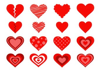 Collection of red heart shapes isolated on white background