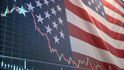 A declining stock market chart is superimposed on the American flag, symbolizing a downturn in the U.S. economy or financial markets.