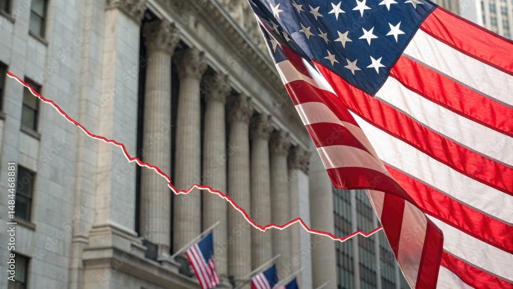 Poster an american flag waves in front of a financial building with a red declining stock market graph over