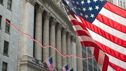 An American flag waves in front of a financial building with a red declining stock market graph overlaid.