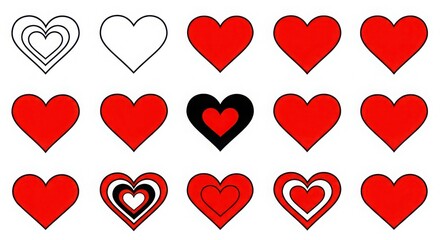 Fifteen heart shapes in different styles isolated on white background