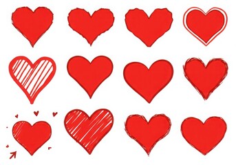 Collection of red hearts in various styles isolated on white background