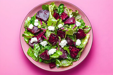 Vibrant beetroot and goat cheese salad on a plate.