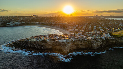 Aerial view of Bondi Beach in Sydney at sunset