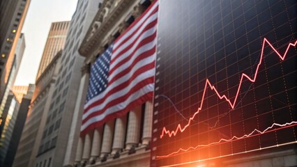Fototapeta premium A large American flag hangs on a building next to a digital stock market graph showing rising trends.