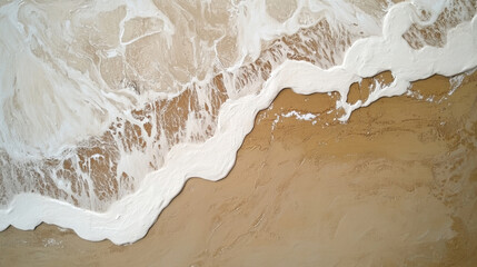 A minimalist abstract oil painting featuring smooth textures of alabaster paste and sand grains, with flowing, curved strokes evoking an aerial perspective of waves washing onto a brown beach. 