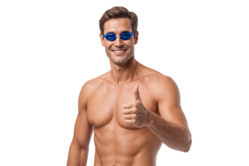 Smiling male swimmer showing thumbs up with goggles, isolated on white background