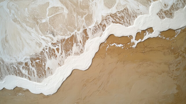 A minimalist abstract oil painting featuring smooth textures of alabaster paste and sand grains, with flowing, curved strokes evoking an aerial perspective of waves washing onto a brown beach. 