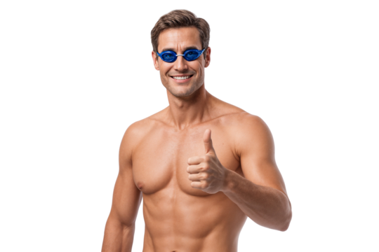 Smiling male swimmer showing thumbs up with goggles, isolated on white background