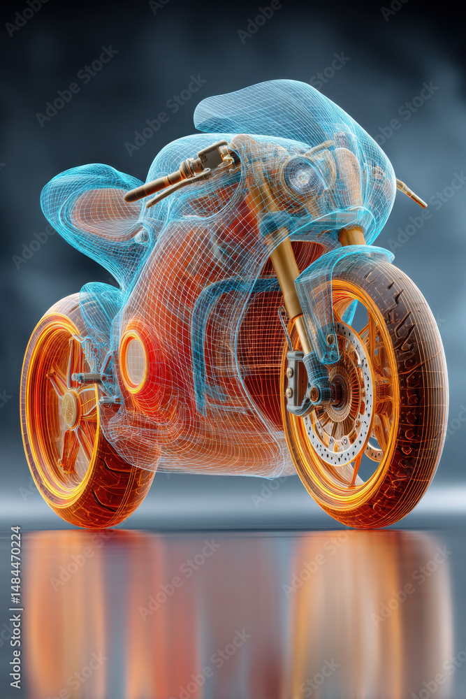 Poster a digital wireframe rendering of a modern motorcycle, highlighting its structure and advanced design
