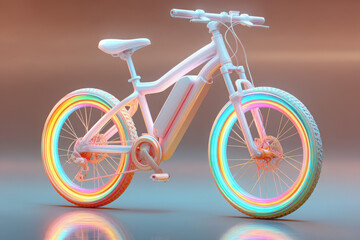 Fototapeta premium Futuristic electric bicycle with glowing, rainbow-colored wheels on a gradient background.