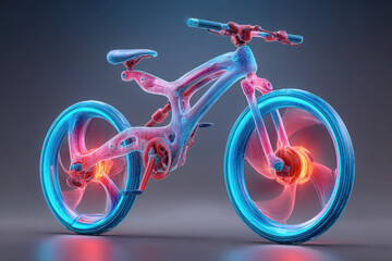 Fototapeta premium A futuristic, glowing bicycle rendered in neon blue and red, showcasing a high-tech, transparent design against a dark background.