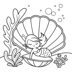 Naklejka premium Hand-drawn illustration of kawaii mermaid princess sleeping on the seashell coloring page for kids and adults. Mermaid colouring book