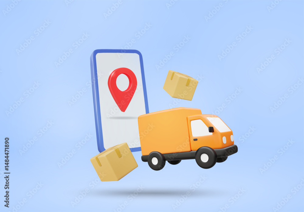 Poster 3d vector illustration render logistics and ecommerce showing coordinate pin on mobile screen with d
