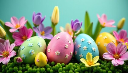 Fototapeta premium Colorful Easter eggs nestled in a spring flower arrangement Festive pastel colors, perfect for Easter celebrations , Easter background, easter basket, delicate