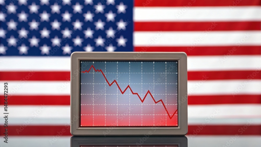 Poster a digital chart showing a sharp decline is displayed in front of a united states flag.