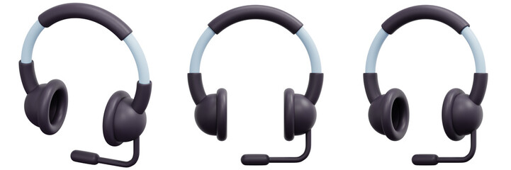 Set of Purple and Light Gray Headphones with Microphone 3d Render Icon Illustration