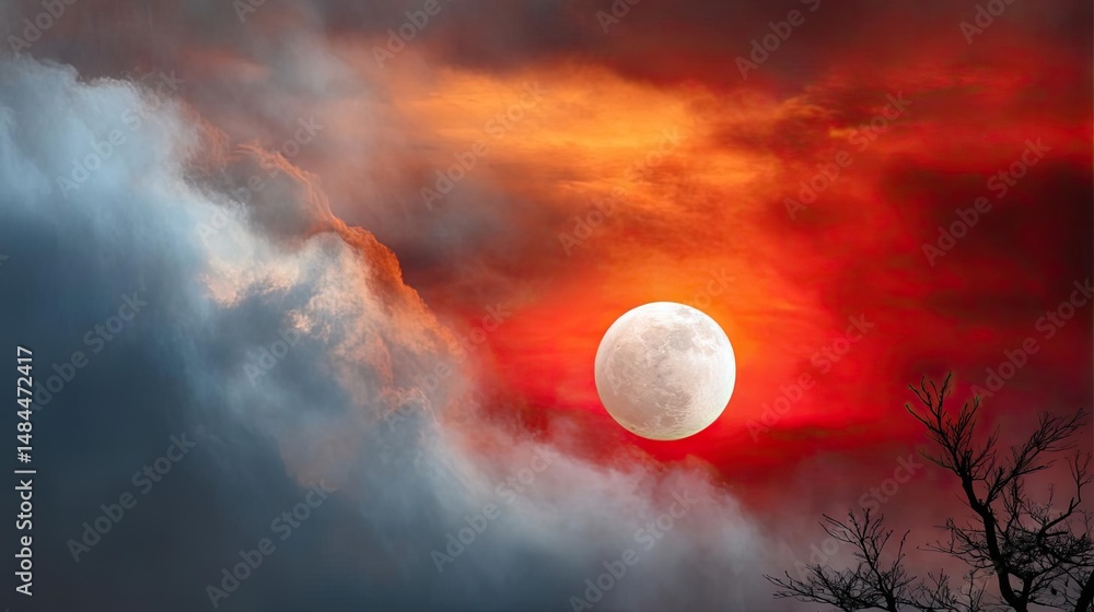 Poster red moon behind black clouds at night with abstract fire concept. a mesmerizing sunset with a full m