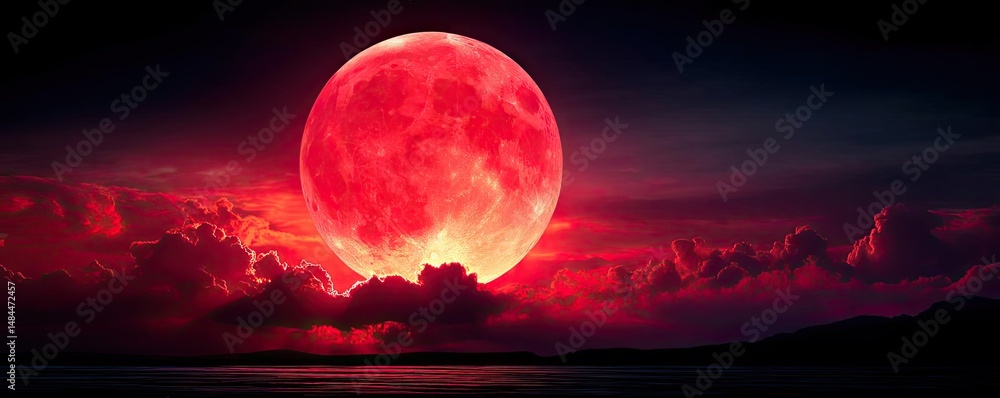 Poster red moon behind black clouds in dark abstract sky concept. a stunning view of a red moon illuminatin