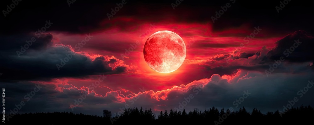 Poster red moon behind black clouds in dark abstract sky concept. a stunning red moon illuminating a dark, 