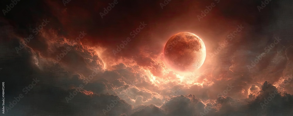 Poster red moon behind black clouds in dark abstract sky concept. eerie sky with a glowing celestial body a