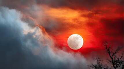 Red moon behind black clouds at night with abstract fire concept. A mesmerizing sunset with a full moon peeking through clouds.