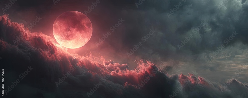 Poster red moon behind black clouds in dark abstract sky concept. a stunning view of a red moon illuminatin