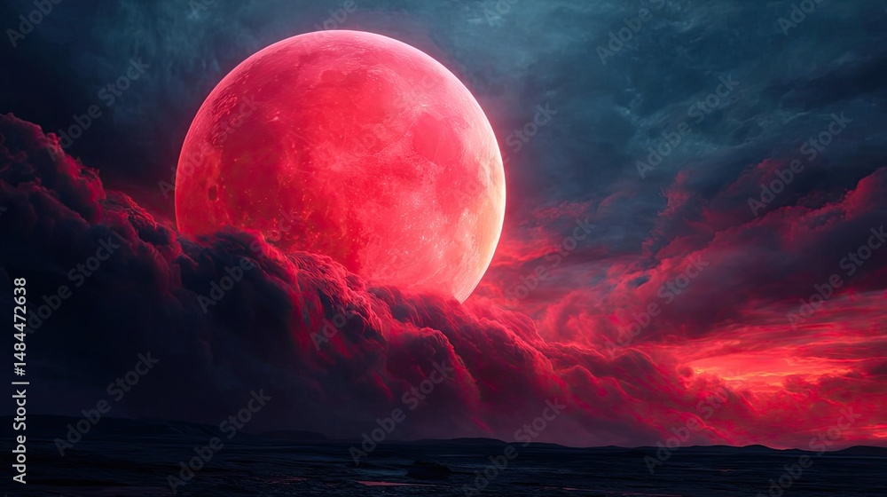 Aufkleber red moon behind black clouds at night with abstract fire concept. a stunning red moon glowing over d