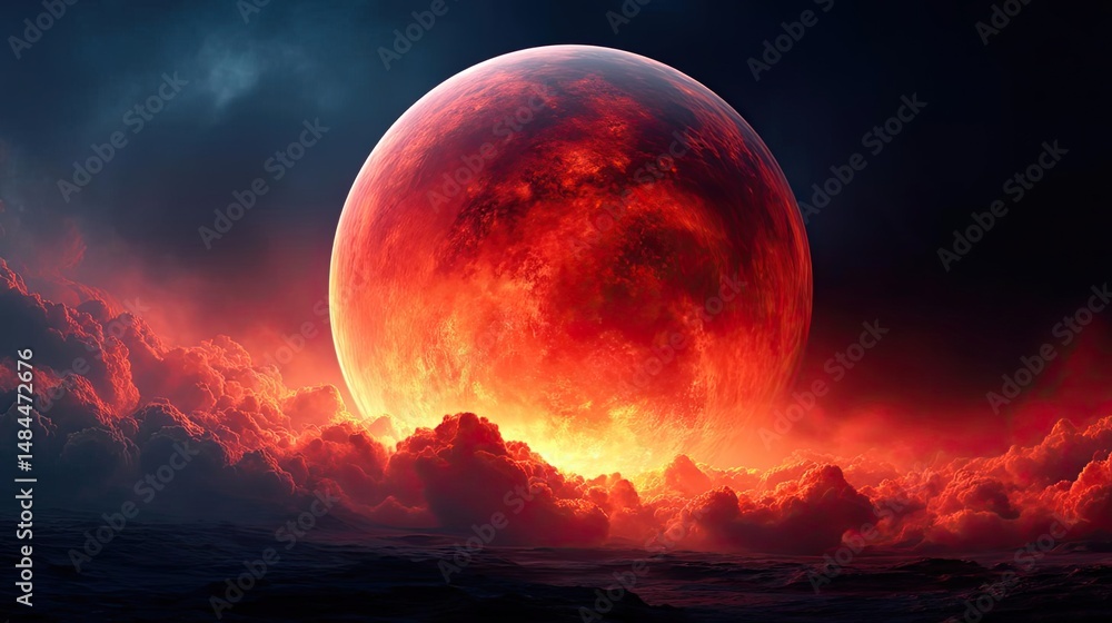 Aufkleber Red moon behind black clouds with abstract fire and smoke concept. Stunning view of a red moon illuminating dark clouds.