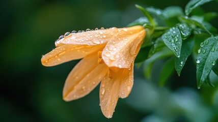 Close-up of a Rain-soaked Orange Flower with Water Droplets and Lush Green Leaves