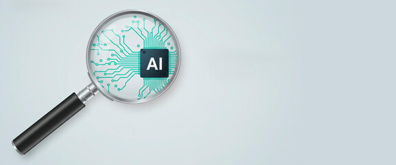 Magnifying glass revealing AI circuit design on light background  