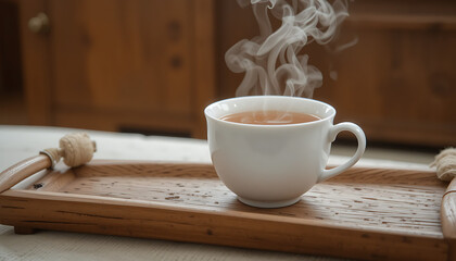 "A wooden tray with a steaming tea cup, slightly on a sofa (minimal), with a cabinet behind. Focus on the tea’s aroma."


