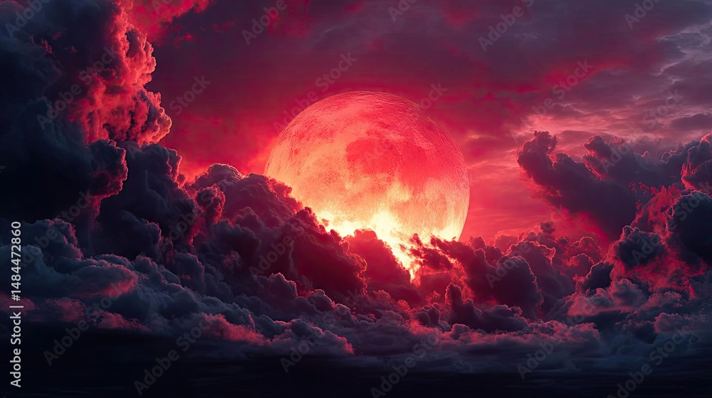 Poster red moon behind black clouds with abstract fire and smoke concept. a dramatic red moon glowing amids