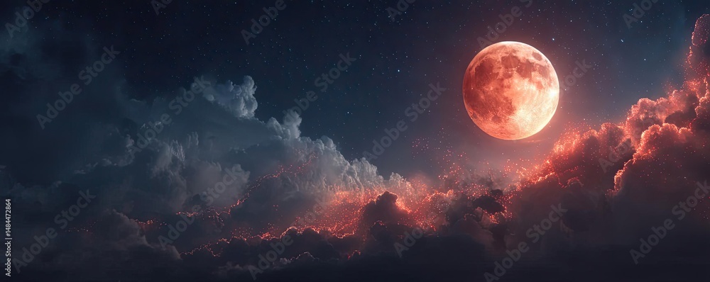 Aufkleber red moon behind black clouds with abstract fire and smoke concept. a stunning view of a full moon sh