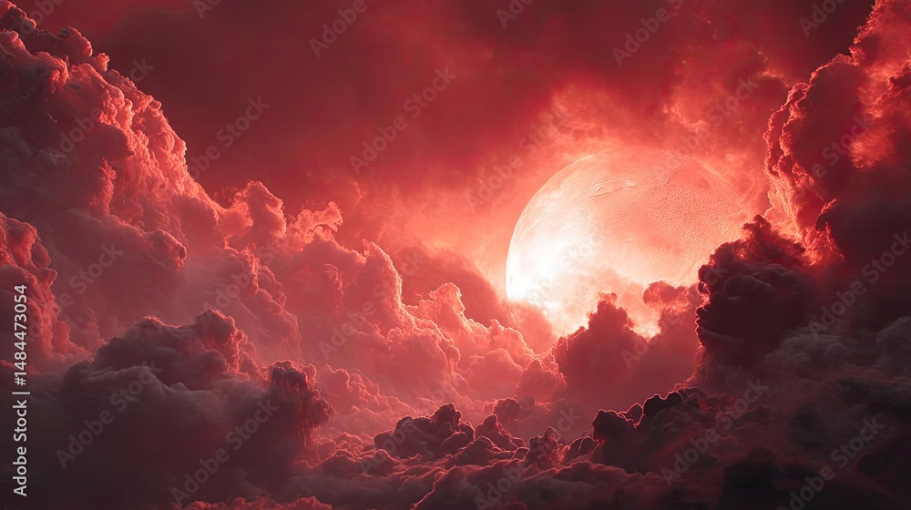 Aufkleber Red moon behind black clouds with abstract fire and smoke concept. A stunning view of a red sky with clouds and a glowing moon.