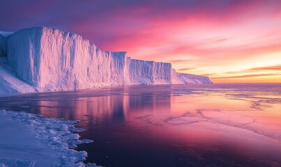 dramatic icy cliffs towering over a tranquil frozen sea under the vibrant hues of a winter sunset, Generative AI