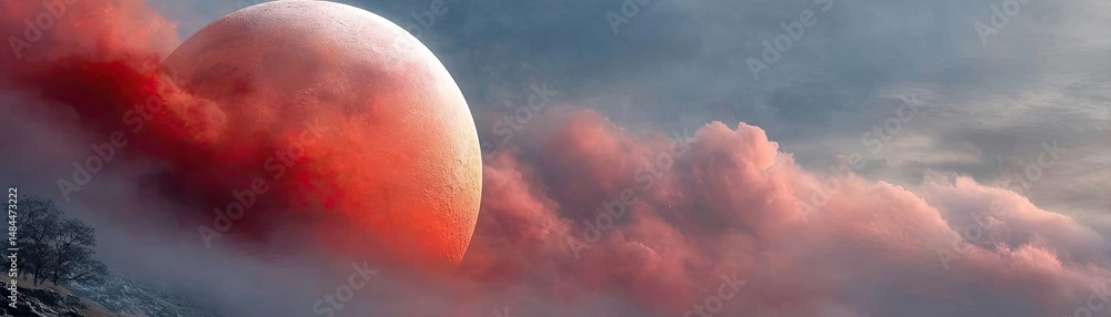 Aufkleber red moon behind black clouds with abstract fire and smoke concept. a stunning view of a blood moon r