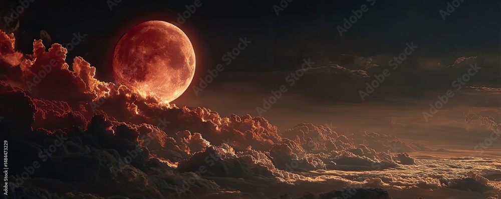 Poster red moon behind black clouds at night with abstract fire concept. stunning view of a red moon rising