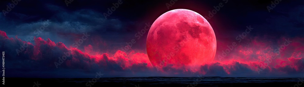 Aufkleber red moon behind black clouds at night with abstract fire concept. a stunning red moon illuminating t