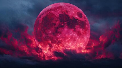 Red moon behind black clouds at night with abstract fire concept. A vivid, mystical moon illuminates the dark, swirling clouds.