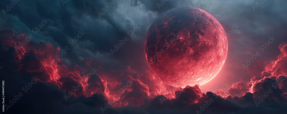 Poster Red moon behind black clouds at night with abstract fire concept. A breathtaking view of a celestial event with a red moon.