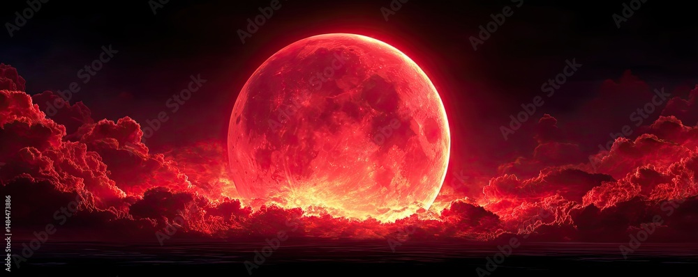 Poster red moon behind black clouds at night with abstract fire concept. a stunning red moon illuminated by