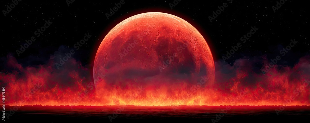 Poster red moon behind black clouds at night with abstract fire concept. a stunning view of a blood-red moo