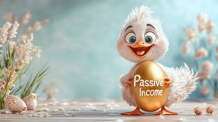 Chubby 3D cartoon goose happily hugging a giant golden egg labeled  Passive Income  representing long term financial stability and security
