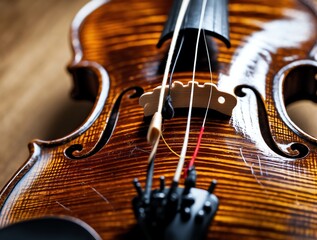 Fototapeta premium Close-up of Detailed Violin with Strings and Wood Grain Texture