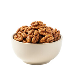 A close-up of a bowl filled with fresh, roasted walnuts on a white background