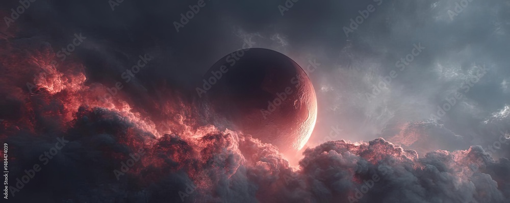 Poster red moon behind black clouds with abstract fire and smoke concept. a dramatic cosmic scene featuring