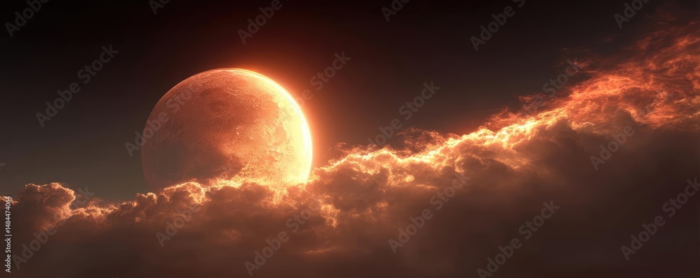 Poster red moon behind black clouds with abstract fire and smoke concept. a mesmerizing planet emerges from